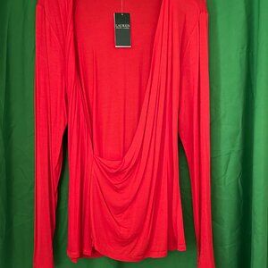 Lauran Ralph Lauren Women's Plunging Neckline Red Long Sleeve Blouse XL ladies